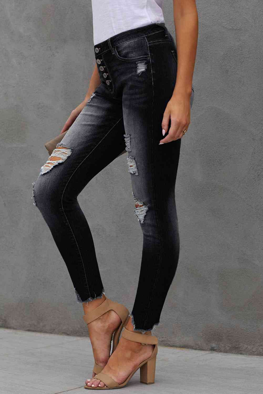 Baeful Button Fly Hem Detail Ankle-Length Skinny Jeans - Beauty by Anjuli